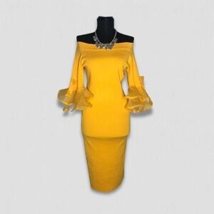 NWT CQbyCQ Midi Bodycon Dress Off the Shoulder Bell Sleeve Knit Yellow sz L